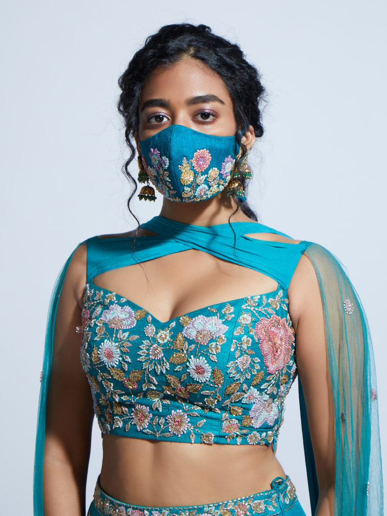 Designer face masks coordinated with wedding outfits